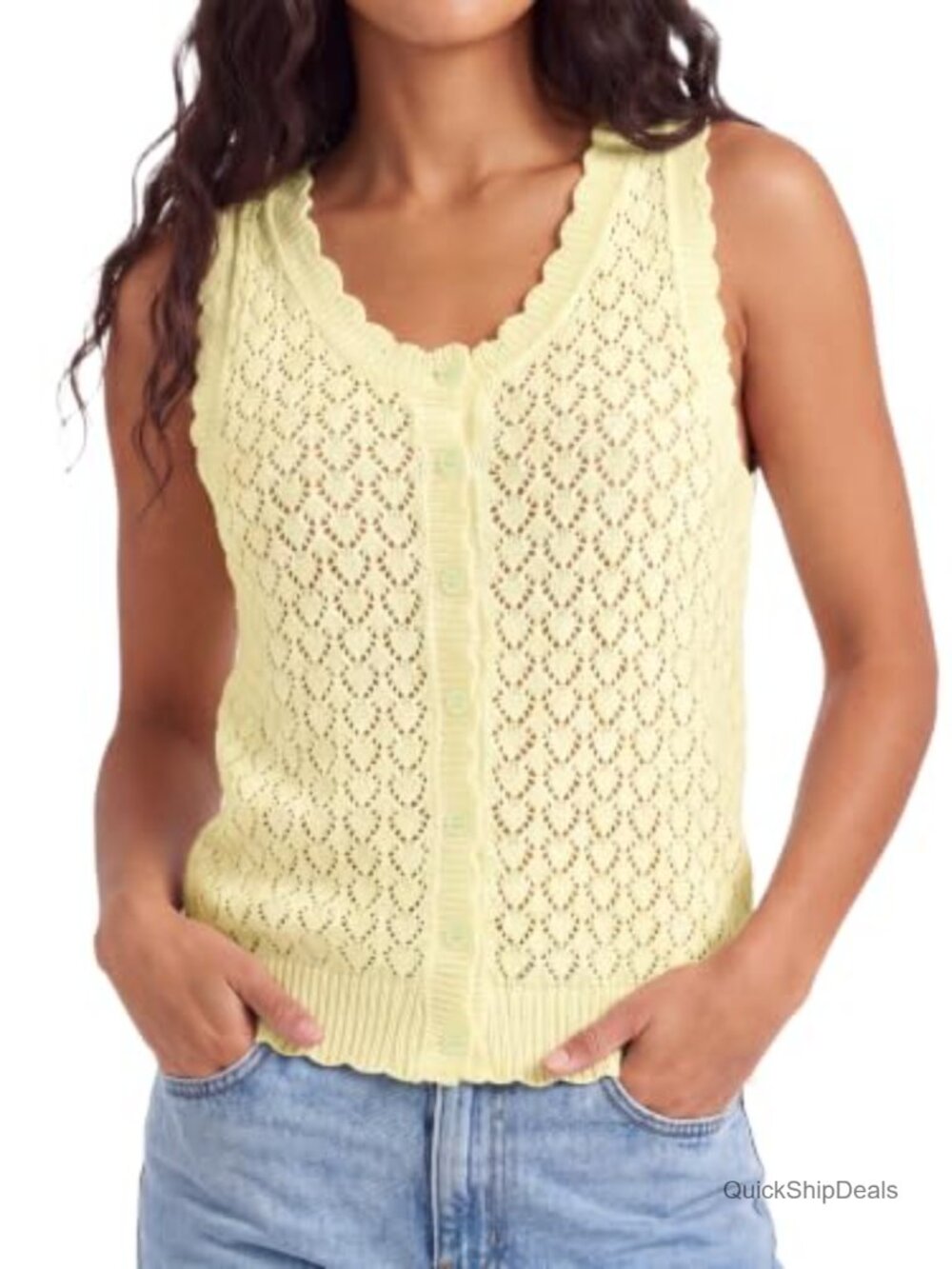 Crochet Knit Sweater Vest Button Down Sleeveless V-Neck Top